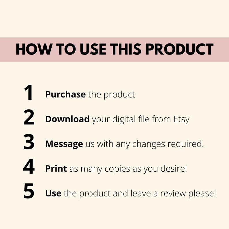 May include: A beige graphic with the text "HOW TO USE THIS PRODUCT" at the top. Steps 1-5 are listed below, including purchasing, downloading, messaging, printing, and using the product.