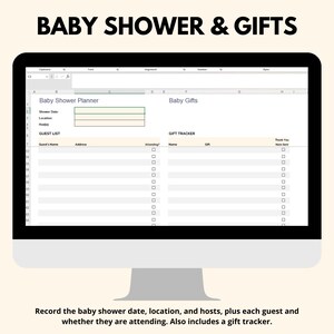 May include: A computer screen displaying a spreadsheet template for planning a baby shower. The spreadsheet includes sections for guest list, gift tracker, and shower details. The text "Baby Shower & Gifts" is at the top of the screen.