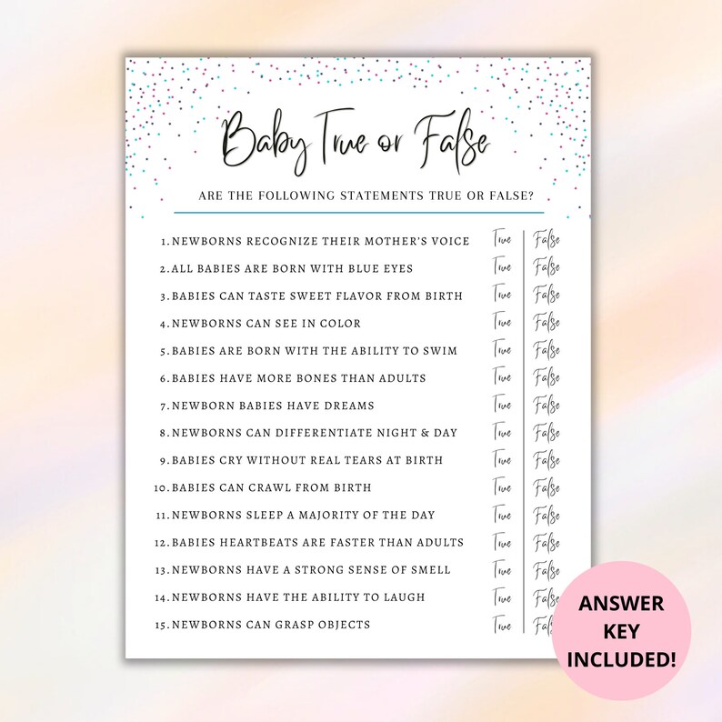 Baby Shower True or False Game Printable, Baby Shower Trivia Activity ...