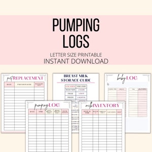 May include: Printable log sheets for tracking breast milk pumping sessions, storage, and baby feeding. The sheets include sections for date, time, ounces, left breast, right breast, and notes. The sheets are designed with a pink and black color scheme.