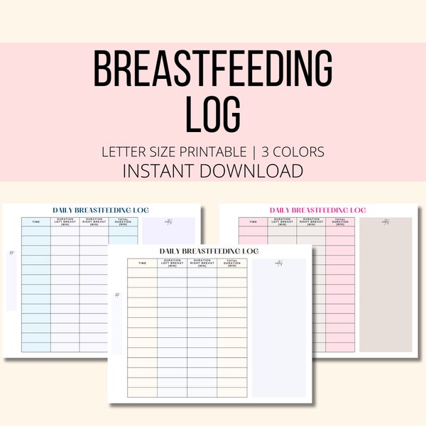 Breastfeeding Log Printable, Daily Infant Breastfeeding Log PDF, Breastfeeding Baby Care Tracker, Newborn Baby Breastfeeding Planner
