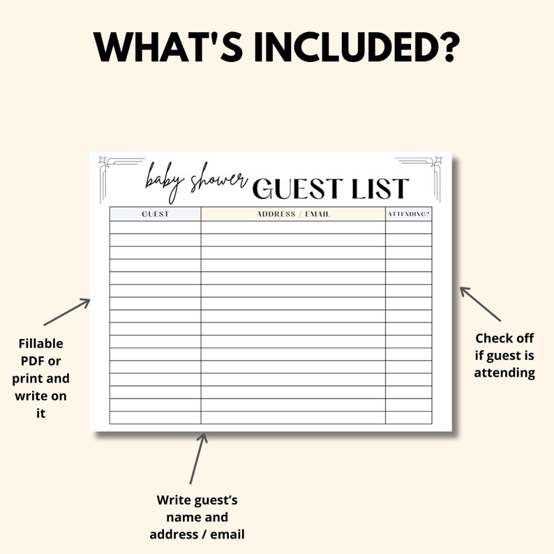 Baby Shower Guest List Tracker Printable & Fillable PDF, Baby Shower
