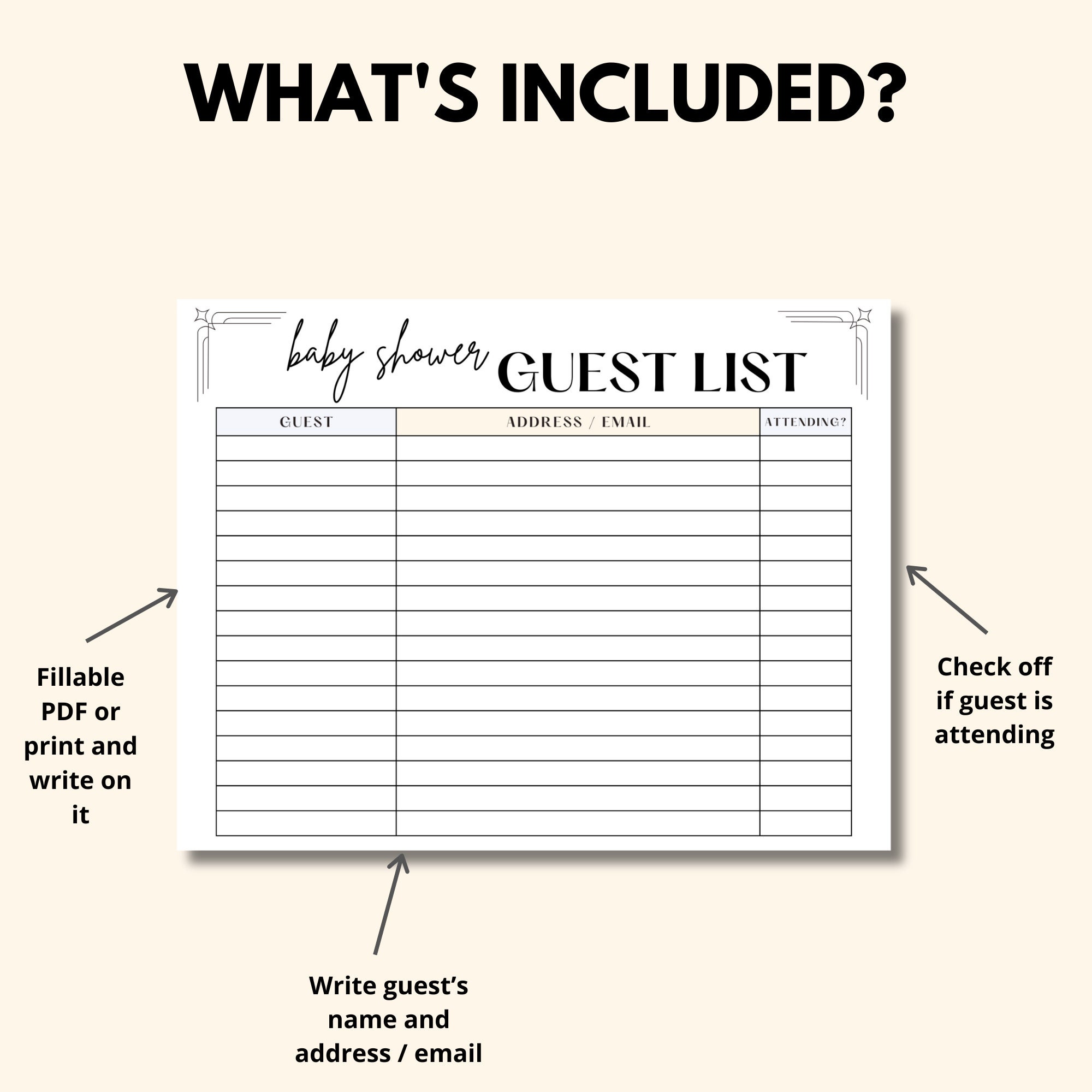 Baby Shower Guest List Tracker Printable &amp; Fillable PDF, Baby Shower ...