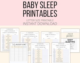 May include: Printable baby sleep schedule charts in pink and white. The charts include schedules for newborns, 3-month-olds, 6-month-olds, and 7+ month-olds. There is also a daily baby schedule chart and a sleep log.