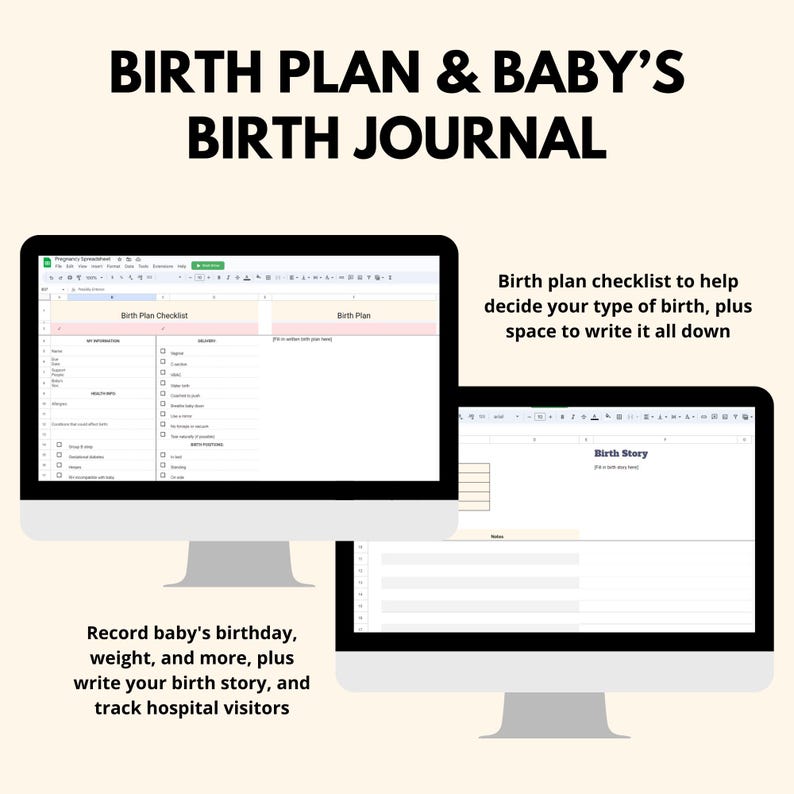 May include: Two computer screens displaying a spreadsheet with a birth plan checklist and a birth story journal. The text on the screen reads "Birth Plan & Baby's Birth Journal".