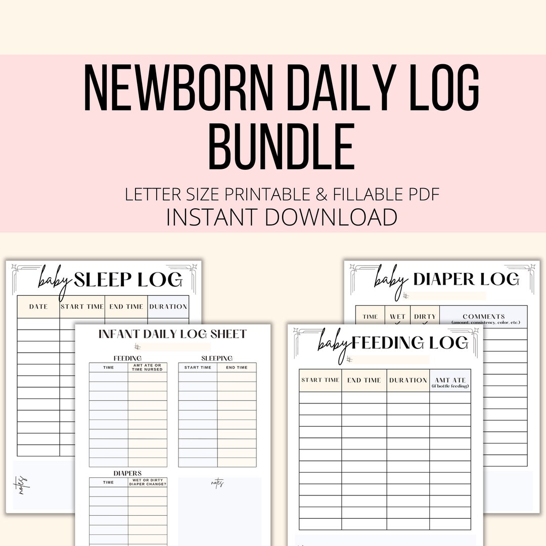 Newborn Daily Log Bundle Printable & Fillable PDF, Baby Care Logs