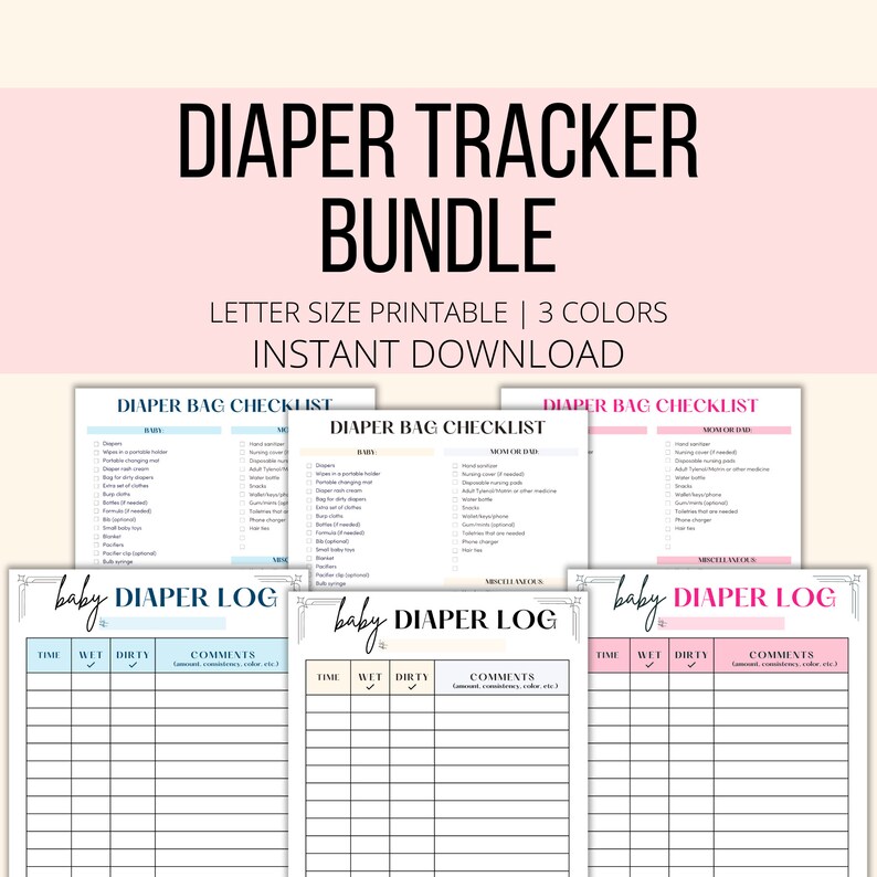 Baby Diaper Tracker Printables, Baby Care Diaper Log + Checklist PDF ...