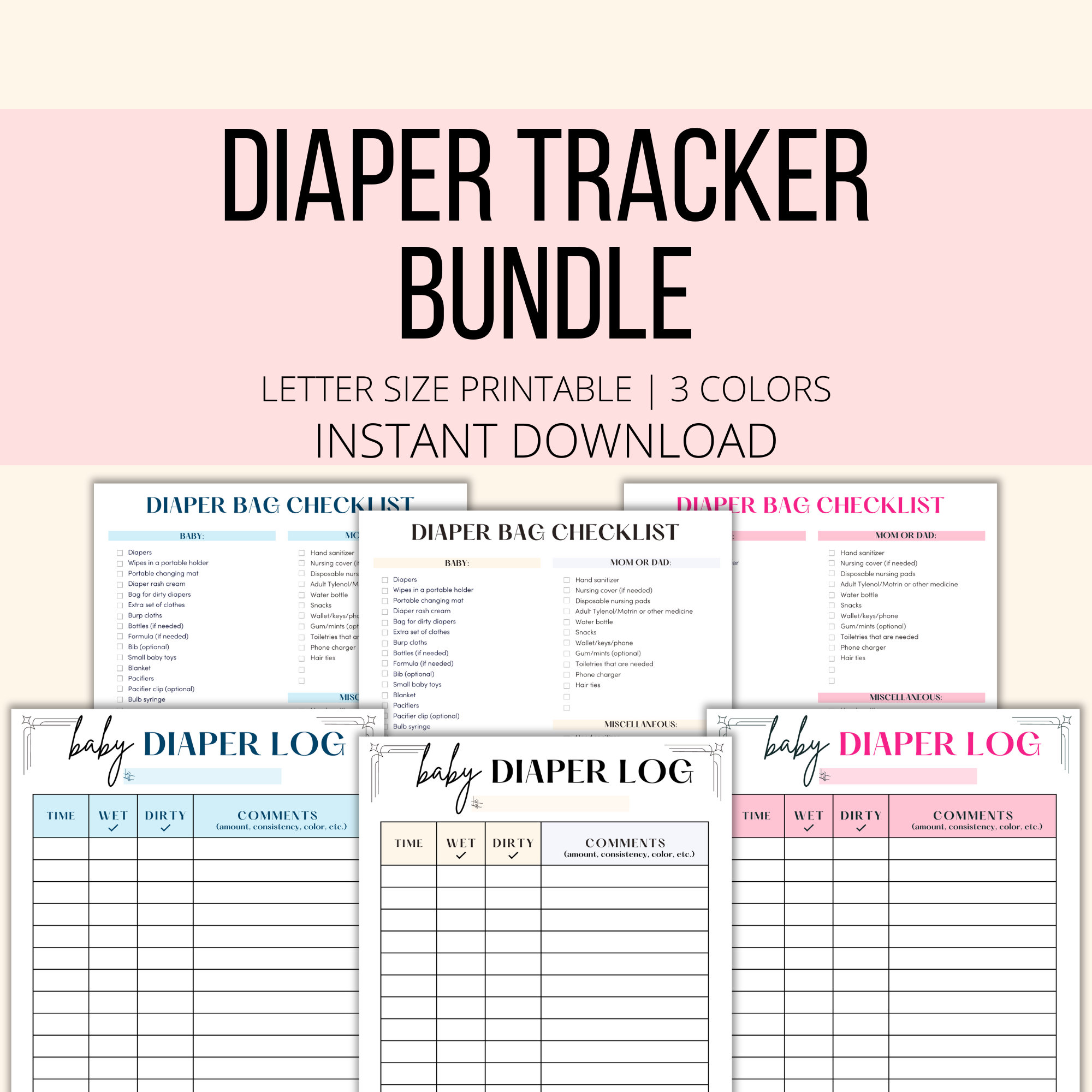 Diaper Tracker Printable Bundle, Baby Diaper Log Diaper Bag Checklist