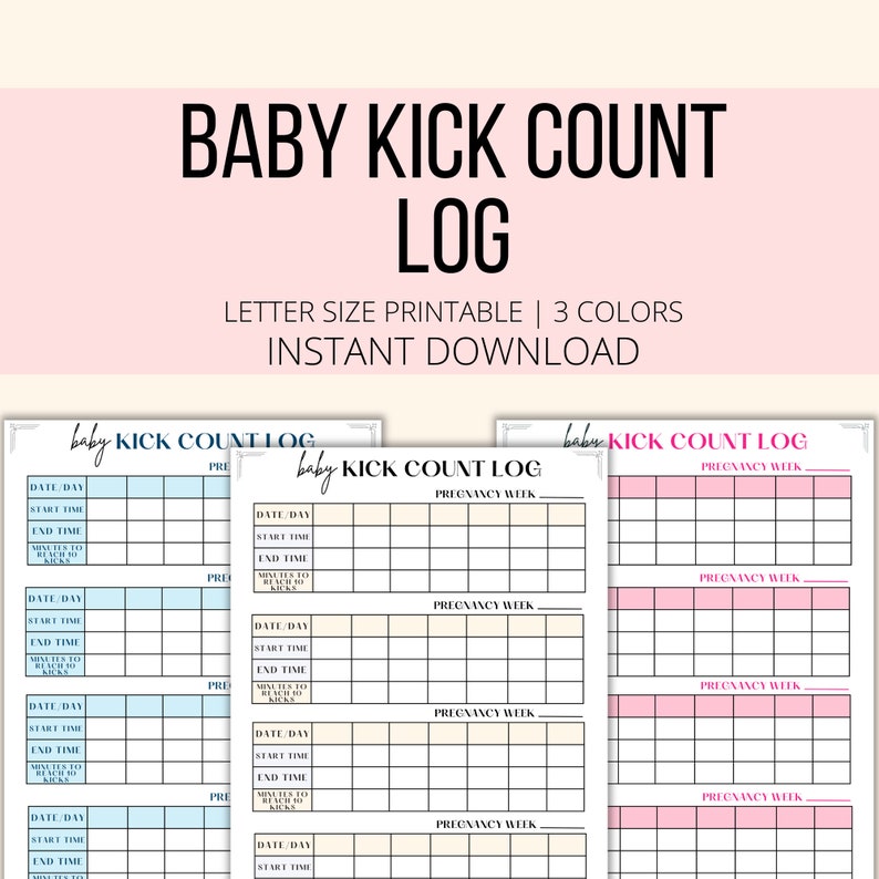 Kick Count Log Printable, Baby Kick Count Chart PDF, Fetal Movement Log ...