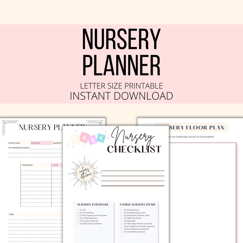 Nursery Planner Printable, Nursery Checklist PDF, Baby Nursery Pregnancy Planner Digital Download, Girl Boy Gender Neutral Nursery Prep image 1