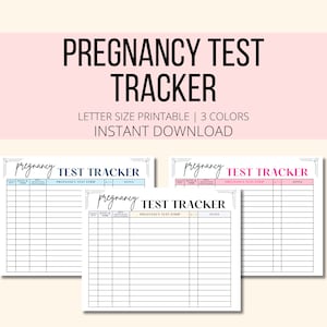 Può includere: Tracker di test di gravidanza stampabile in tre colori: rosa, blu e bianco. Il tracker include colonne per la data e l'ora del ciclo, i risultati del test di gravidanza e le note.