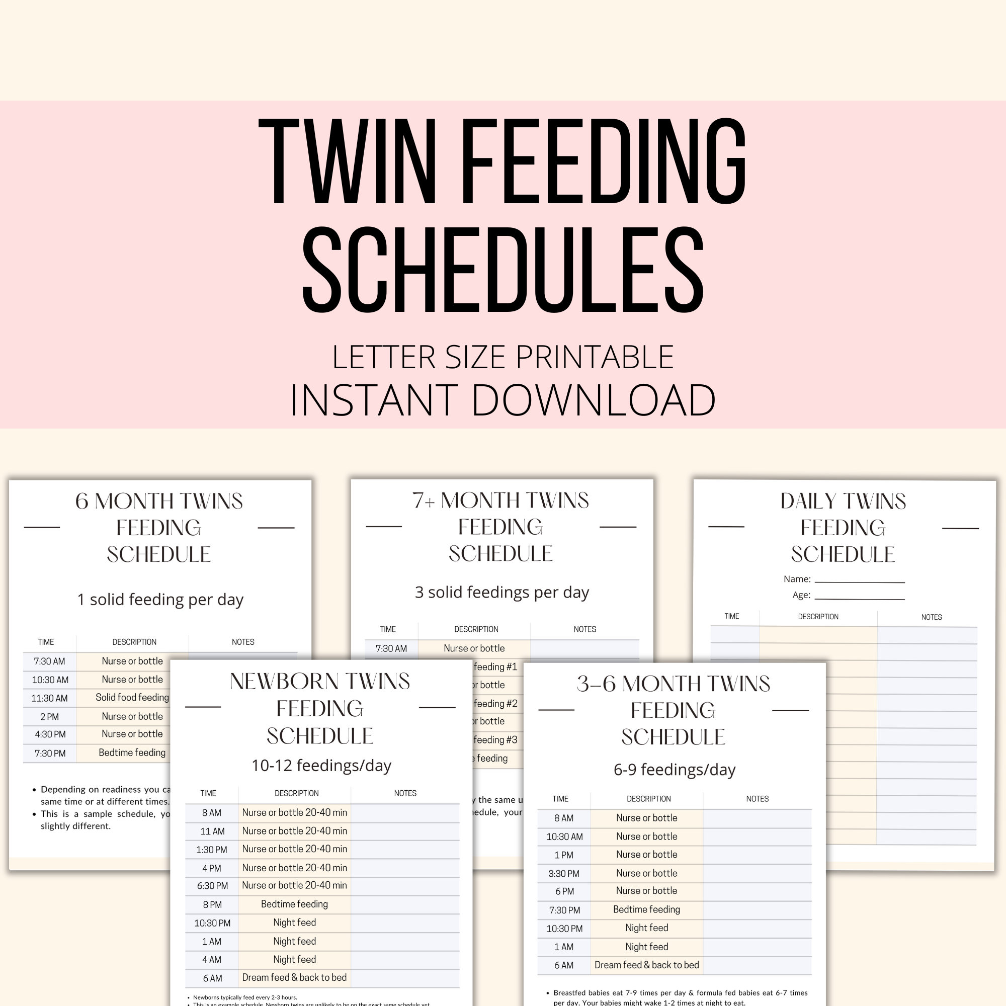 Twin Feeding Schedules Printable, Twin Baby Feeding Charts Planner PDF ...