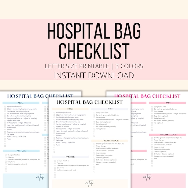 Hospital Bag Checklist Printable For Labor And Delivery, Mom Dad Baby Hospital List PDF, Pregnancy Planner Birth Checklist Digital Download