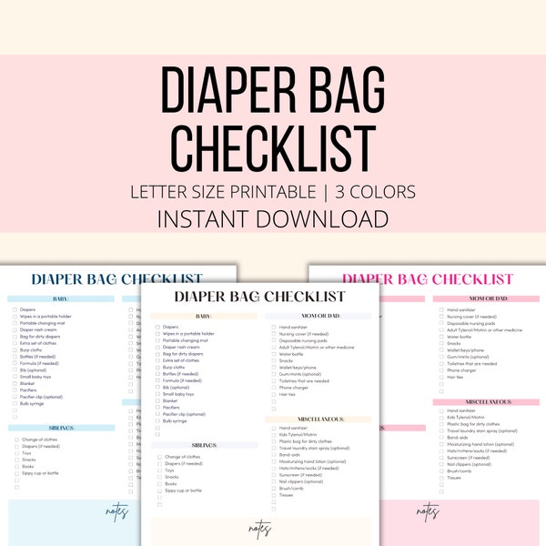 Diaper Bag Checklist Printable, Baby Diaper Bag List PDF, Diaper Bag Essentials for Newborn Baby Toddler & Mom, Postpartum Bag List