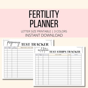 May include: Printable fertility planner with two pages, one for tracking pregnancy tests and the other for tracking ovulation tests. The pages are decorated with a black and white art deco border.