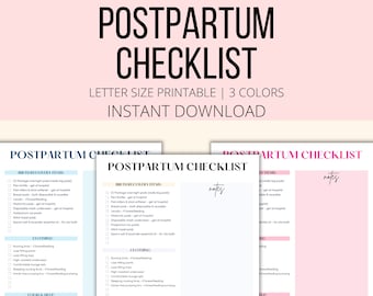 May include: A printable postpartum checklist with sections for birth recovery items, clothing, food and help, and notes. The checklist is in a pink, white, and black color scheme.