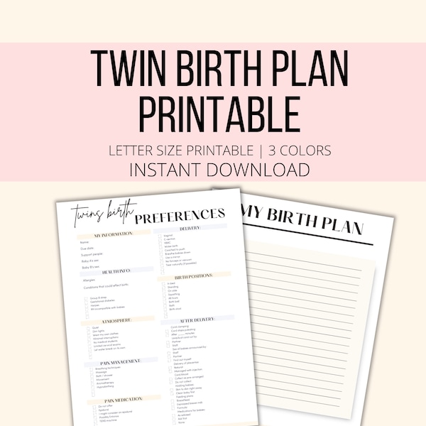 Twin Birth Plan Printable, Twins Birth Checklist PDF, Twin Pregnancy Tracker Birth Planner, Expecting Twins Labor And Delivery List