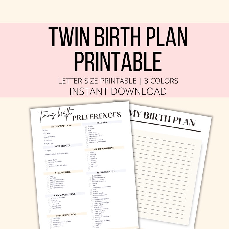 Twin Birth Plan Printable, Twins Birth Checklist PDF, Twin Pregnancy Tracker Birth Planner, Expecting Twins Labor And Delivery List image 1