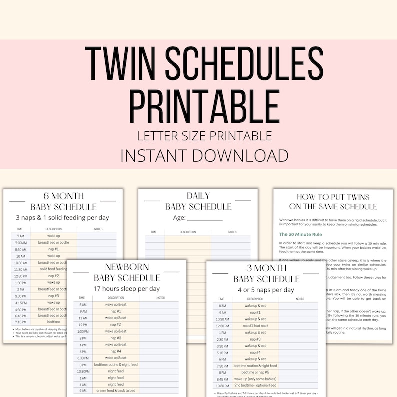 Twin Schedule Printable, Twin Schedules Tracker PDF, Twin Feeding & Sleeping Schedule Planner, Baby Twins Schedule Template image 1