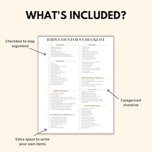 Checklista för babyns viktigaste saker, utskrivbar och ifyllbar PDF, lista över nödvändiga saker för nyfödda, checklista för graviditetsplanerare, digital nedladdning bild 2