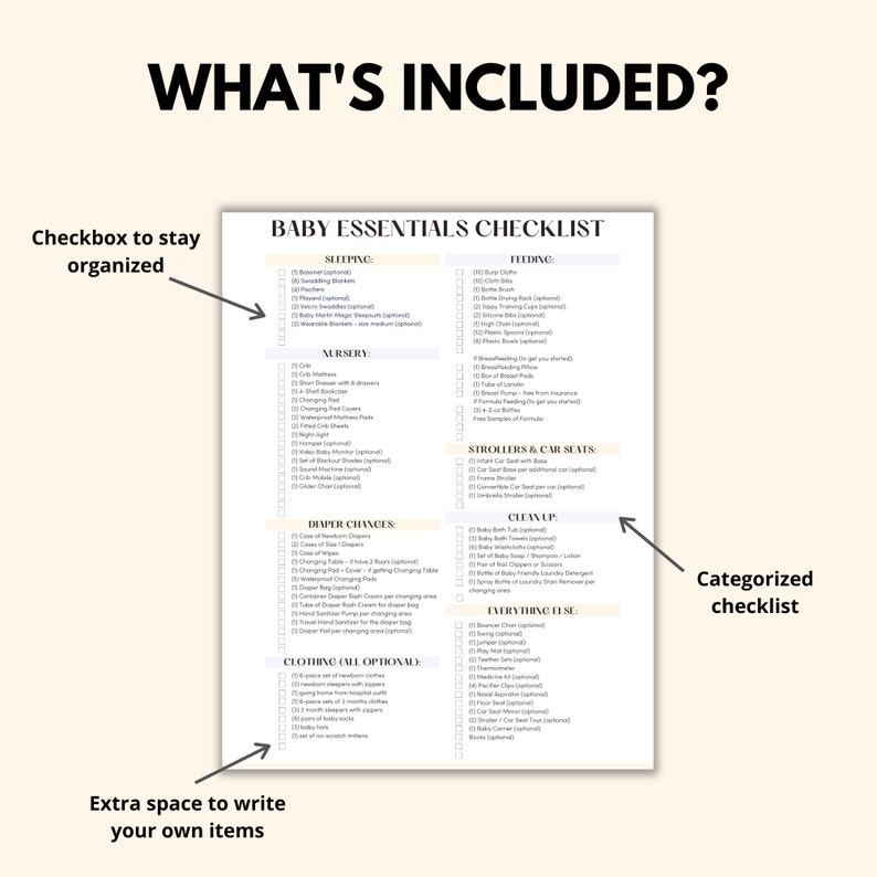 Checklista för babyns viktigaste saker, utskrivbar och ifyllbar PDF, lista över nödvändiga saker för nyfödda, checklista för graviditetsplanerare, digital nedladdning bild 2