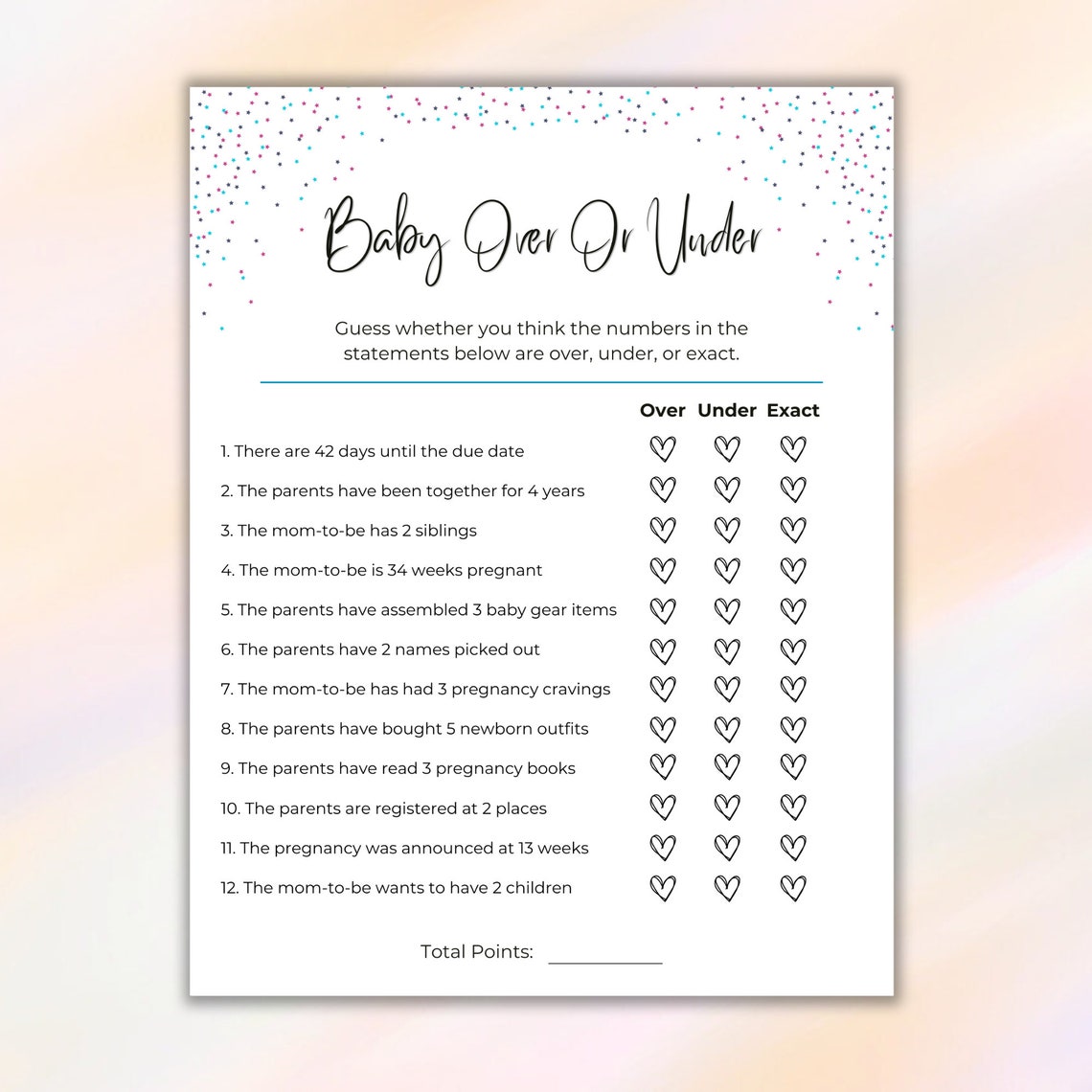 Over or Under Baby Shower Game Printable, Baby Over or Under Shower ...
