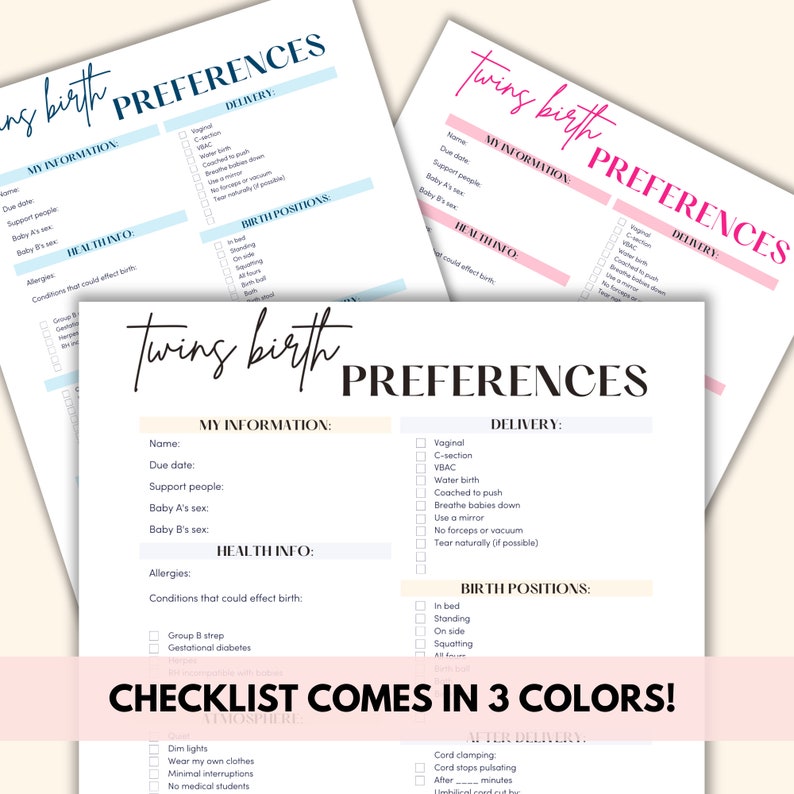 Twin Birth Plan Printable, Twins Birth Checklist PDF, Twin Pregnancy Tracker Birth Planner, Expecting Twins Labor And Delivery List image 3