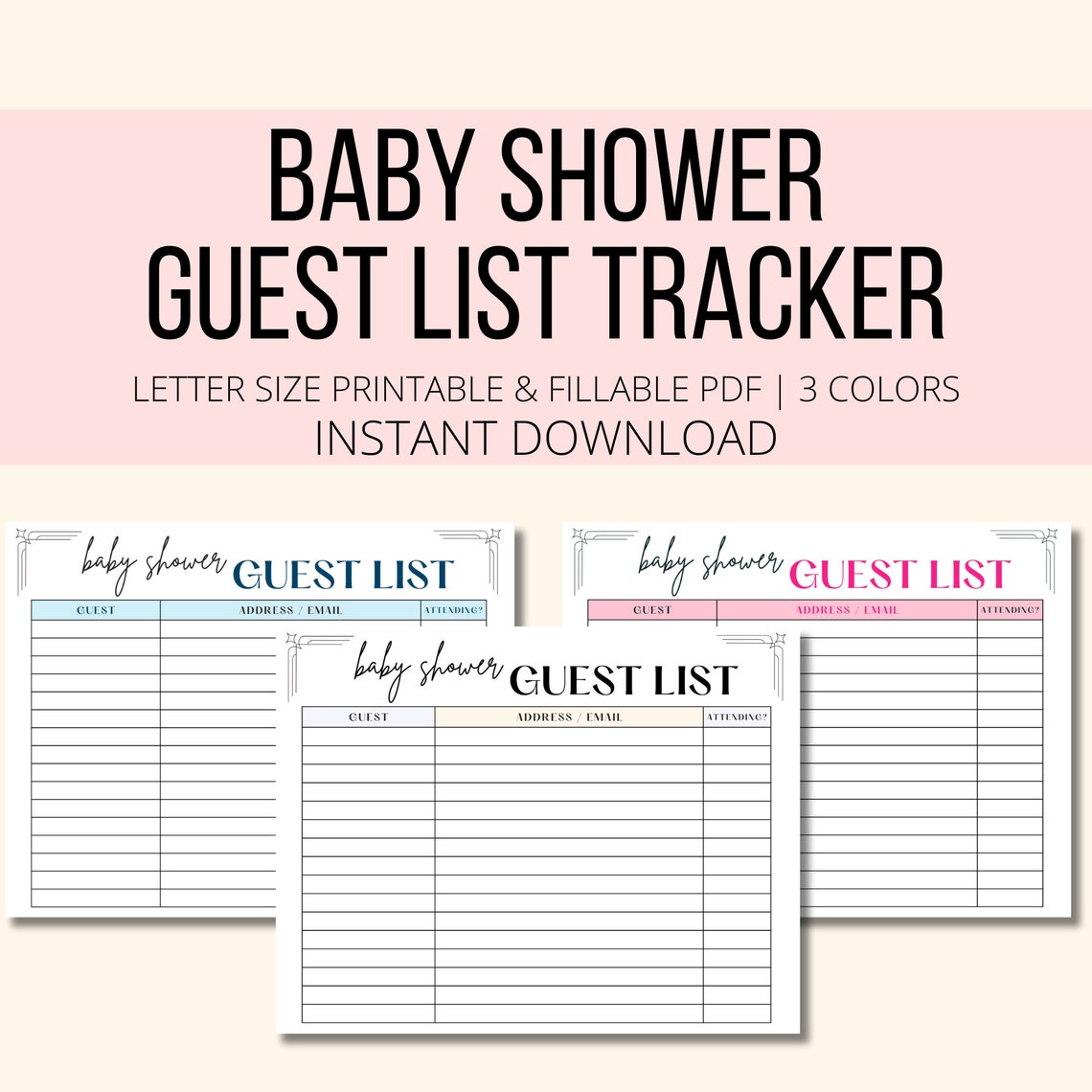 Baby Shower Guest List Tracker Printable &amp; Fillable PDF, Baby Shower ...