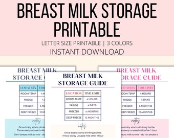 May include: A printable chart with a pink background and black text, titled "Breast Milk Storage Guide". The chart lists storage locations and time limits for breast milk, including room temperature, fridge, freezer, and deep freeze. The chart also includes notes on how to store and thaw breast milk.