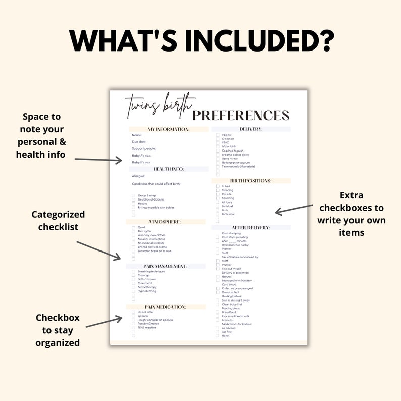 Labor Checklists For Twins Printables, Twins Hospital List Bundle, Twin Pregnancy Birth Planner Tracker PDF, Twins Hospital Bag Checklist image 3