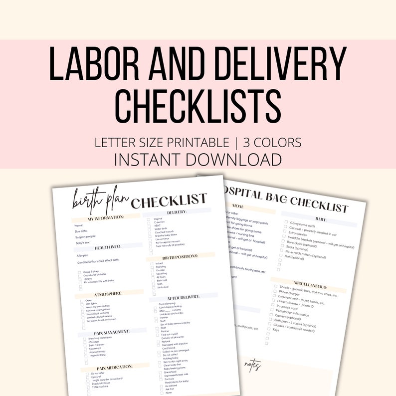 Labor And Delivery Checklist Printable, Hospital Bag Checklist Birth Plan PDF, Pregnancy Hospital Planner Checklist Digital Download image 1