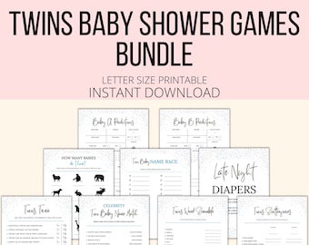 Zestaw gier na baby shower dla bliźniaków do wydrukowania, gry dla bliźniaków, ciekawostki na temat baby shower dla bliźniaków w formacie PDF, planer aktywności na baby shower do pobrania dla bliźniaków