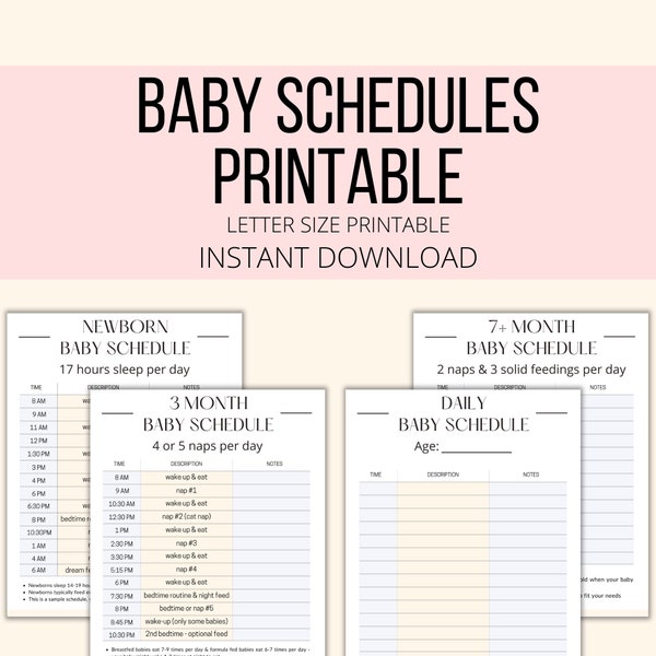 Baby Schedule Printable, Baby Schedule Template (Fillable Blank Schedule), Example First Year Daily Schedules for Newborn 3 6 & 7 Month PDF