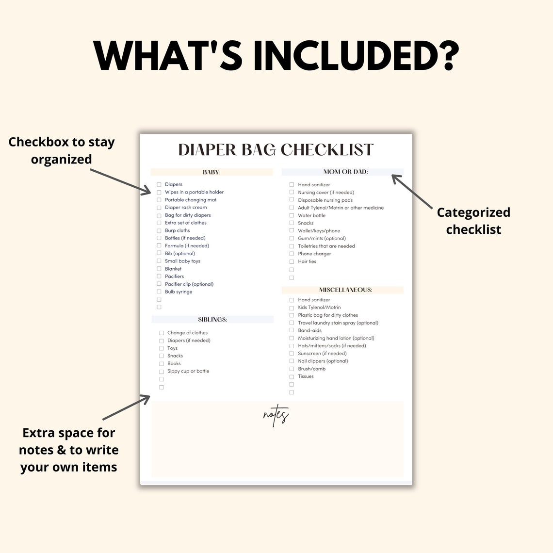 Diaper Bag Checklist Printable, Baby Diaper Bag List PDF, Diaper Bag