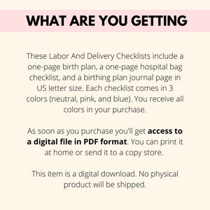 Liste de contrôle du travail et de l'accouchement imprimable, liste de contrôle de la sacoche plan de naissance PDF, liste de contrôle de planification d'hôpital pour grossesse, téléchargement numérique image 5