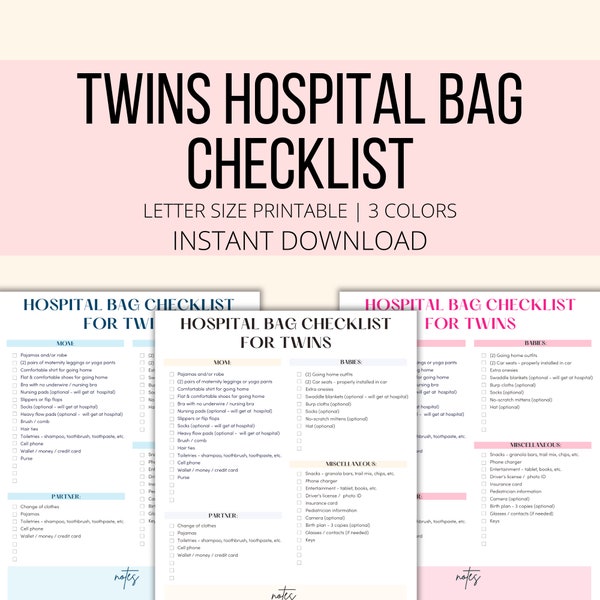 Hospital Bag Checklist For Twins Printable, Twins Hospital List PDF, Twin Mom Hospital Bag Planner, Twin Pregnancy Hospital Tracker