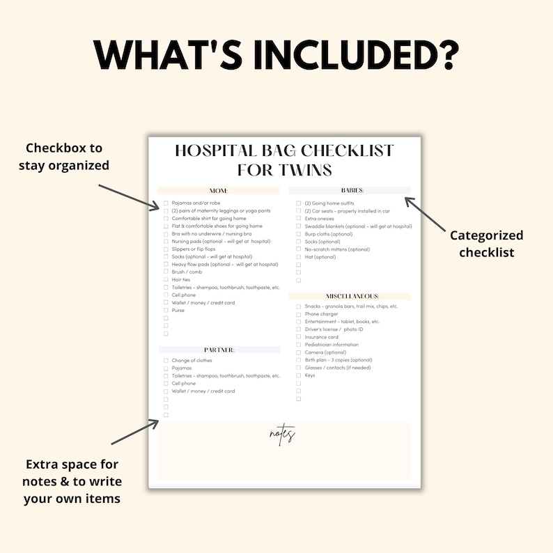 Labor Checklists For Twins Printables, Twins Hospital List Bundle, Twin Pregnancy Birth Planner Tracker PDF, Twins Hospital Bag Checklist image 2