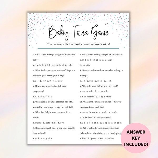 Baby Trivia Shower Game Printable, Fun Baby Shower Trivia Game PDF, Baby Shower Multiple Choice Game Activity Planner Download