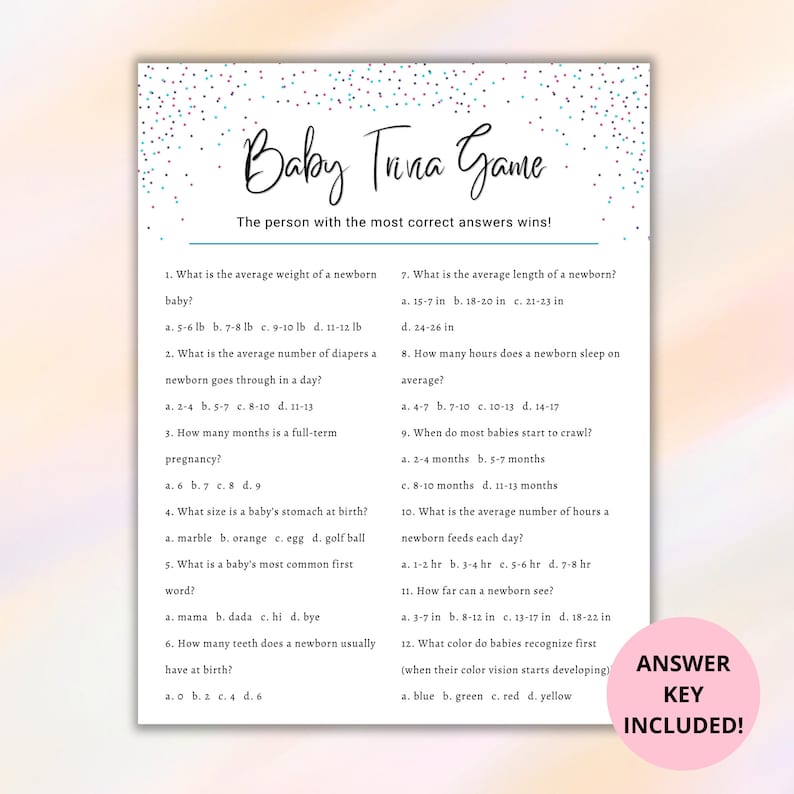 Baby Trivia Shower Game Printable, Fun Baby Shower Trivia Game PDF ...
