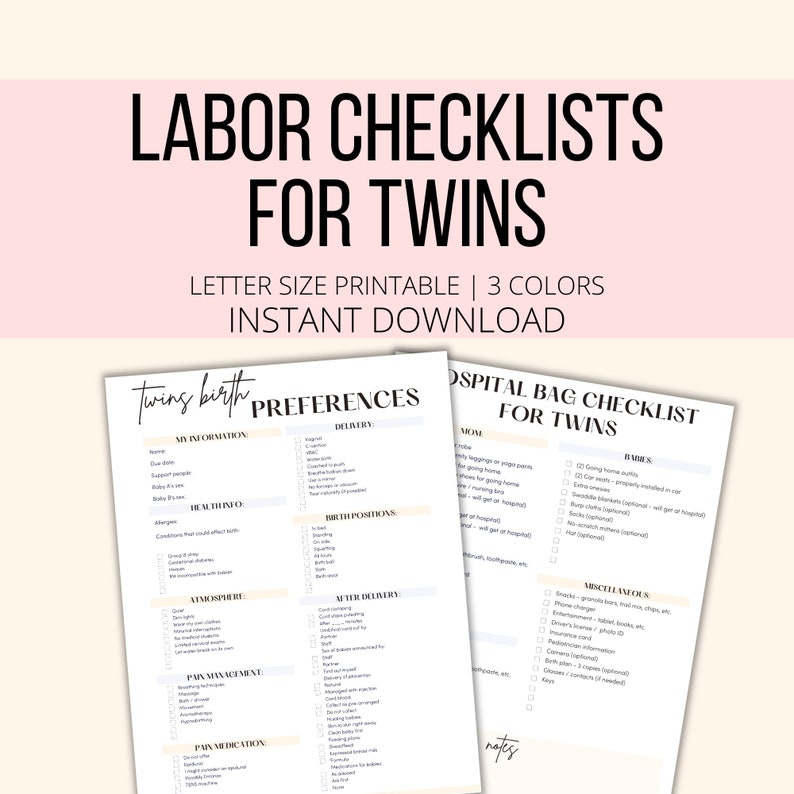 Labor Checklists For Twins Printables, Twins Hospital List Bundle, Twin Pregnancy Birth Planner Tracker PDF, Twins Hospital Bag Checklist image 1