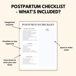 May include: A printable postpartum checklist with a white background and black text. The checklist is divided into three sections: Birth Recovery Items, Clothing, and Food & Help. Each section has a list of items to pack or prepare for after giving birth. There is a space for notes on the right side of the page.
