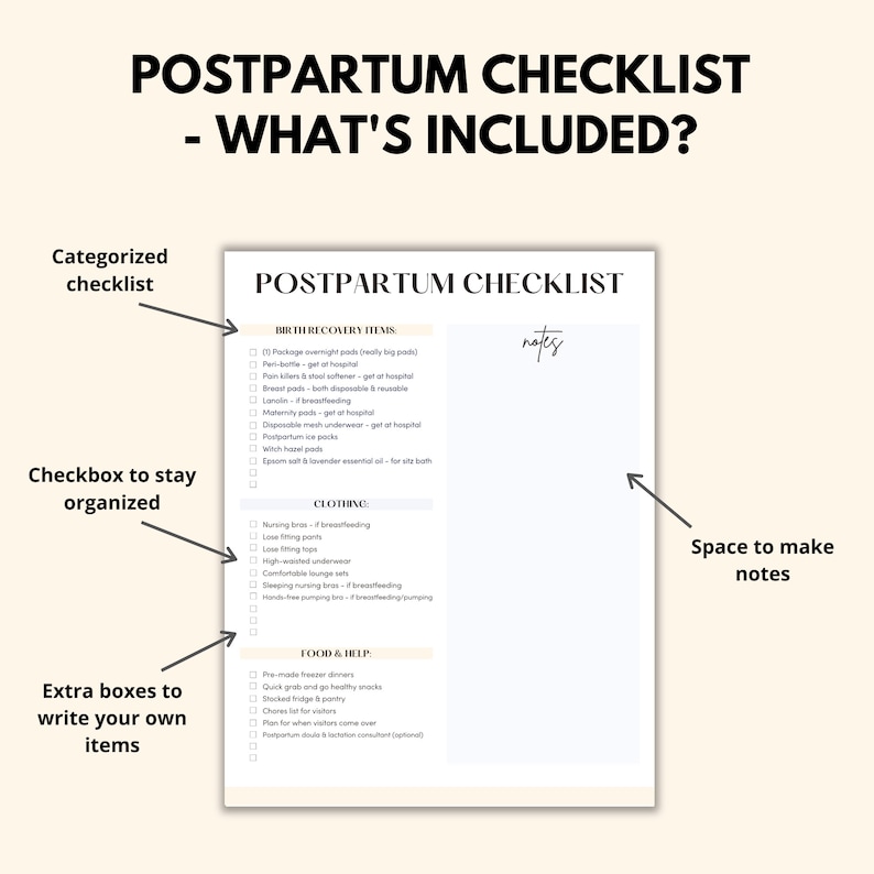 May include: A printable postpartum checklist with a white background and black text. The checklist is divided into three sections: Birth Recovery Items, Clothing, and Food & Help. Each section has a list of items to pack or prepare for after giving birth. There is a space for notes on the right side of the page.