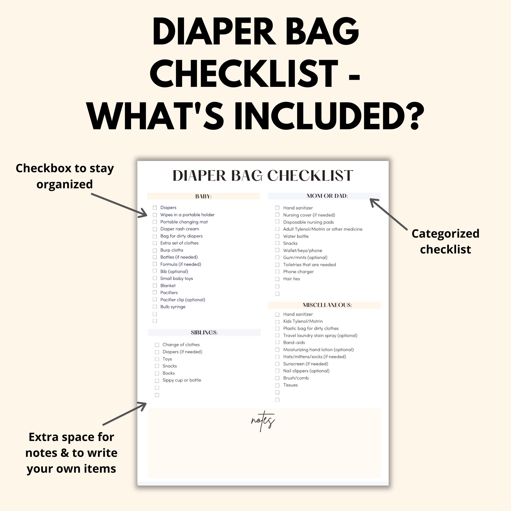 Diaper Tracker Printable Bundle, Baby Diaper Log Diaper Bag Checklist