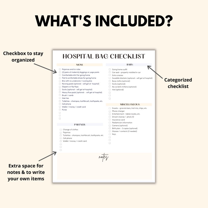 Hospital Bag Checklist Printable For Labor And Delivery, Mom Dad Baby Hospital List PDF, Pregnancy Planner Birth Checklist Digital Download image 2
