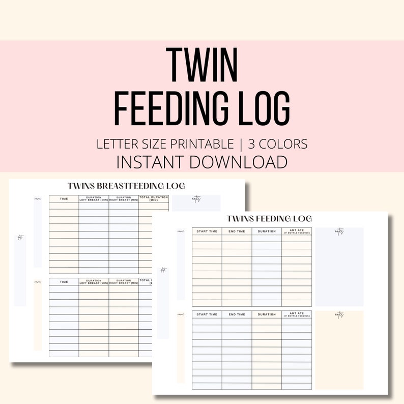 Twin Feeding Log Printable, Twin Baby Feeding Chart Tracker PDF ...