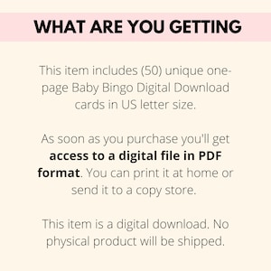 50 Baby Bingo Digital Download Prefilled Shower Game Printable Cards, Baby Gift Bingo Game Cards PDF, Baby Shower Bingo Planner Activity PDF image 3