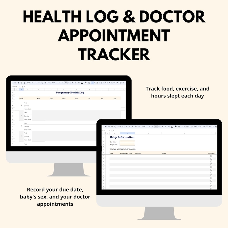May include: Two computer screens displaying a pregnancy health log and a baby information tracker. The log includes sections for tracking food, exercise, and sleep. The tracker includes sections for baby information, doctor appointments, and notes.