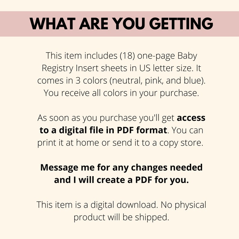 May include: Text on a cream-colored background reads "WHAT ARE YOU GETTING." The text describes a digital download of 18 baby registry insert sheets in US letter size, available in neutral, pink, and blue. The buyer receives a PDF file.