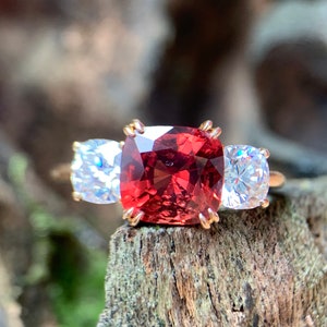 18K gold- natural orangish red spinel 3.05ct custom ring, Luxury classic three stone ring