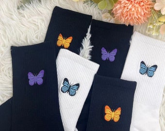 Butterfly embroidered socks,comfortable socks,sports socks,gift for her,spring socks,cotton socks,perfect gift,Cute Novelty Cotton Crew Sock